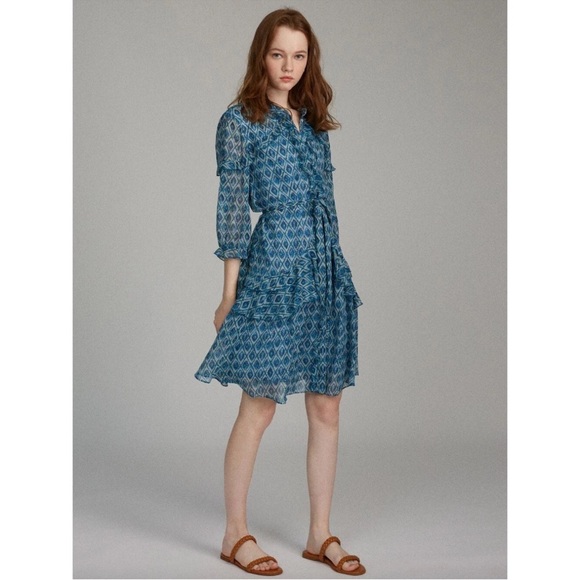 SALONI Tilly Silk Ruffle Belted Mini Dress Filigree Batik Blue Womens Size 10 - Picture 1 of 16